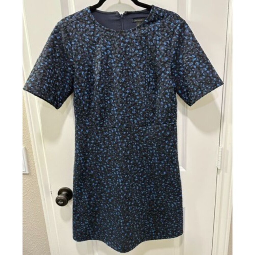 Ann Taylor Women's 4 Navy Blue Print Shift Dress Short Sleeve Lined Career